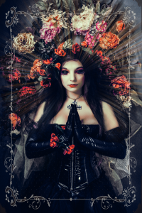 Fashion Photography shoot with Dark Beauty Gothic Girl with Flowers and Black Corset